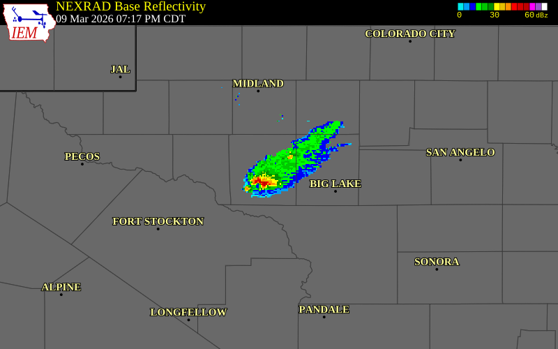 NEXRAD radar during the Monday, March 9, 2026 storm activity in Upton County, Texas