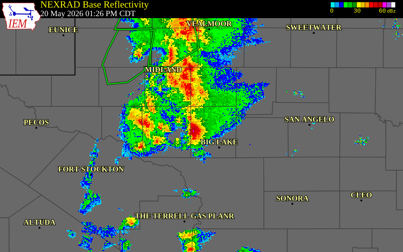 NEXRAD radar during the Wednesday, May 20, 2026 storm activity in Upton County, Texas