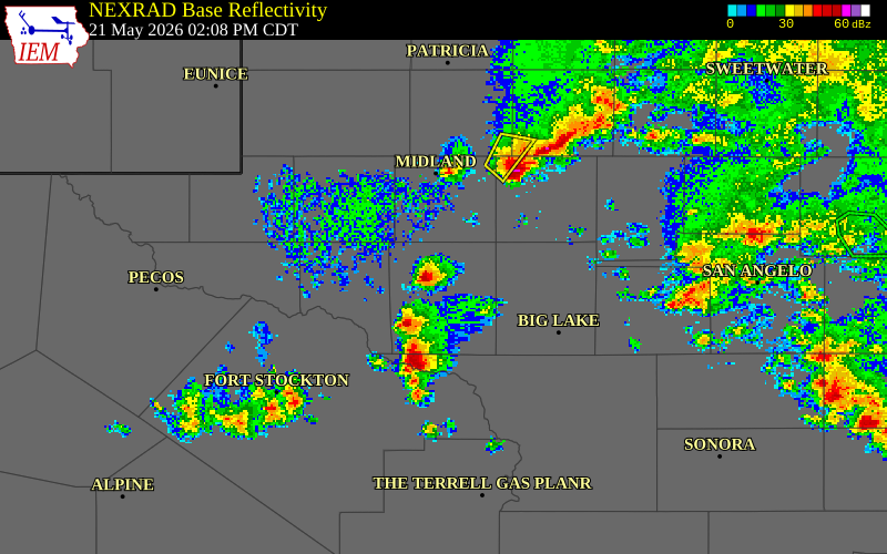 NEXRAD radar during the Thursday, May 21, 2026 storm activity in Upton County, Texas