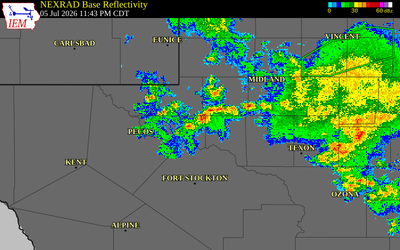 NEXRAD radar during the Sunday, July 5, 2026 storm activity in Upton County, Texas