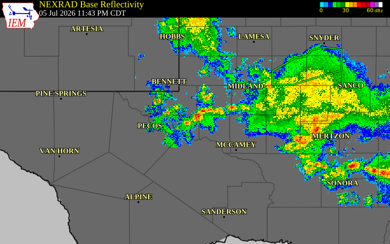 Radar snapshot during the Jul 5, 2026 wind event near Upton County, Upton County, Texas, with NWS warning polygons