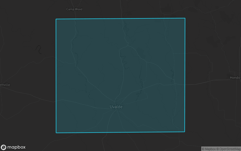 Map of Uvalde County, Texas showing the county boundary and surrounding cities