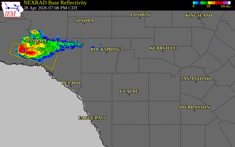 NEXRAD radar during the Tuesday, April 28, 2026 storm activity in Uvalde County, Texas