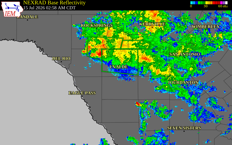 NEXRAD radar during the Wednesday, July 15, 2026 storm activity in Uvalde County, Texas