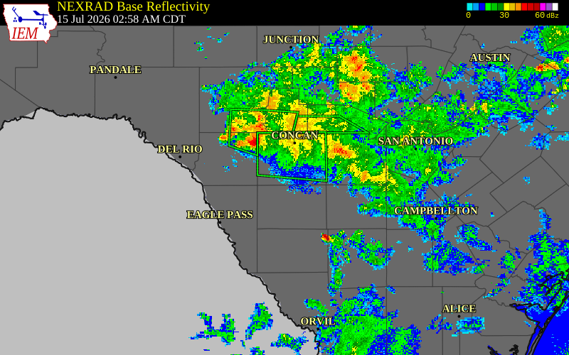 Radar snapshot during the Jul 15, 2026 tornado event near 5 SW Uvalde, Uvalde County, Texas, with NWS warning polygons
