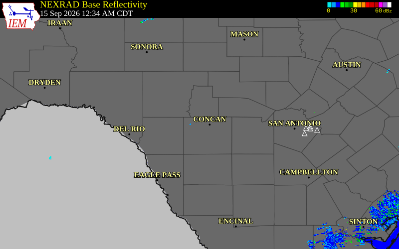 Current NEXRAD radar over Uvalde County, Texas with recent storm report locations