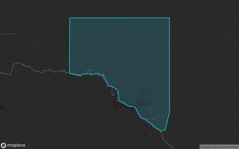 Map of Val Verde County, Texas showing the county boundary and surrounding cities