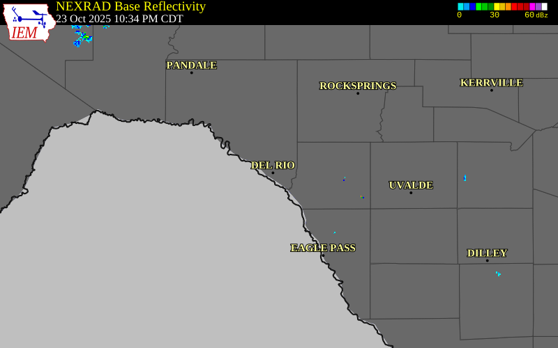NEXRAD radar during the Thursday, October 23, 2025 storm activity in Val Verde County, Texas