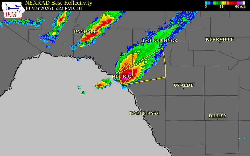 NEXRAD radar during the Tuesday, March 10, 2026 storm activity in Val Verde County, Texas
