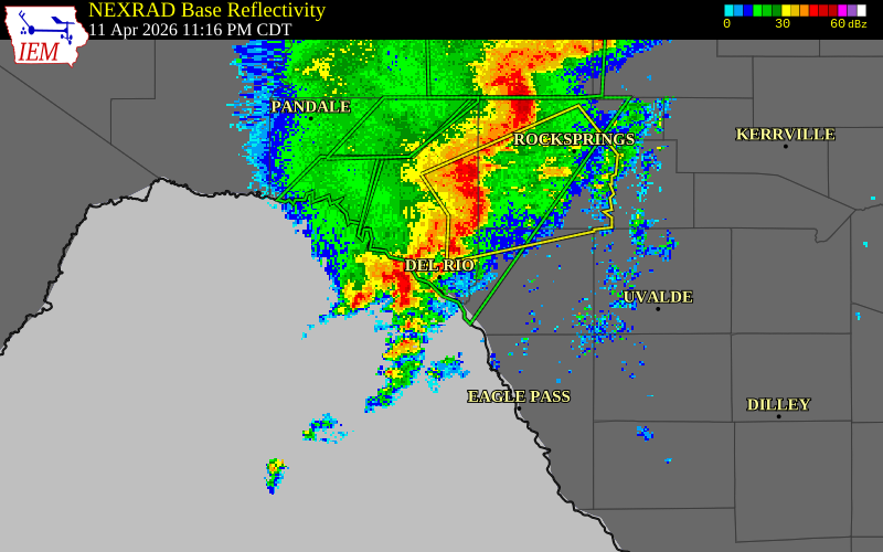 NEXRAD radar during the Saturday, April 11, 2026 storm activity in Val Verde County, Texas