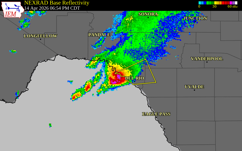 NEXRAD radar during the Tuesday, April 14, 2026 storm activity in Val Verde County, Texas