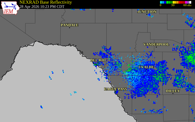 NEXRAD radar during the Tuesday, April 28, 2026 storm activity in Val Verde County, Texas