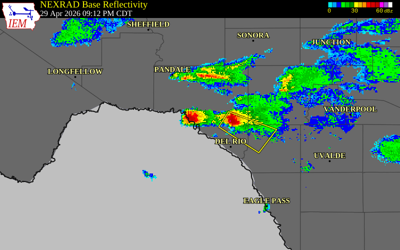 NEXRAD radar during the Wednesday, April 29, 2026 storm activity in Val Verde County, Texas