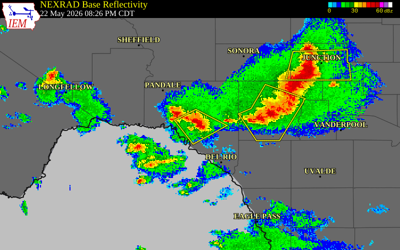 NEXRAD radar during the Friday, May 22, 2026 storm activity in Val Verde County, Texas