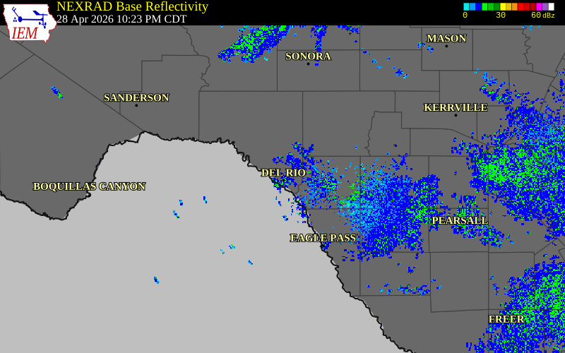 Radar snapshot during the Apr 28, 2026 hail event near 3 SE Lake View, Val Verde County, Texas, with NWS warning polygons