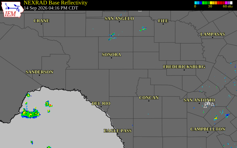 Current NEXRAD radar over Val Verde County, Texas with recent storm report locations