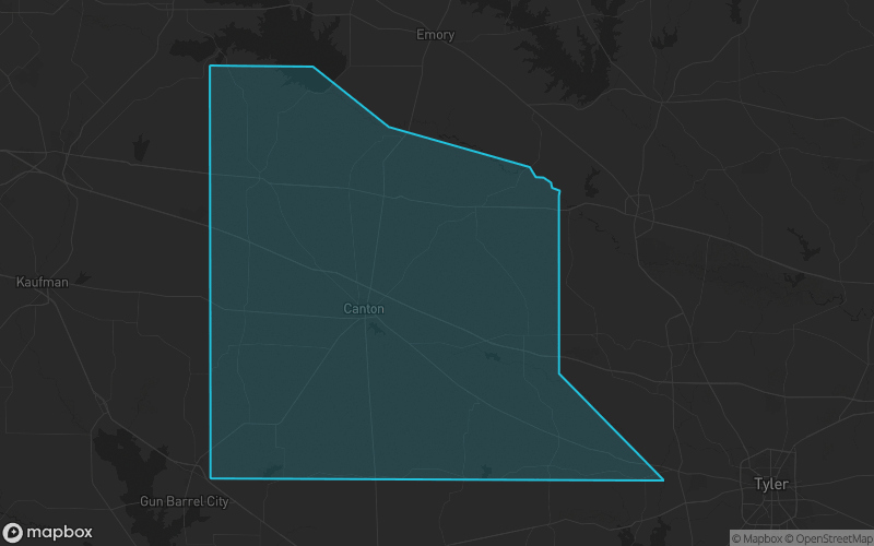 Map of Van Zandt County, Texas showing the county boundary and surrounding cities