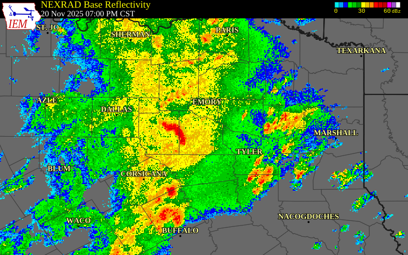 NEXRAD radar during the Thursday, November 20, 2025 storm activity in Van Zandt County, Texas