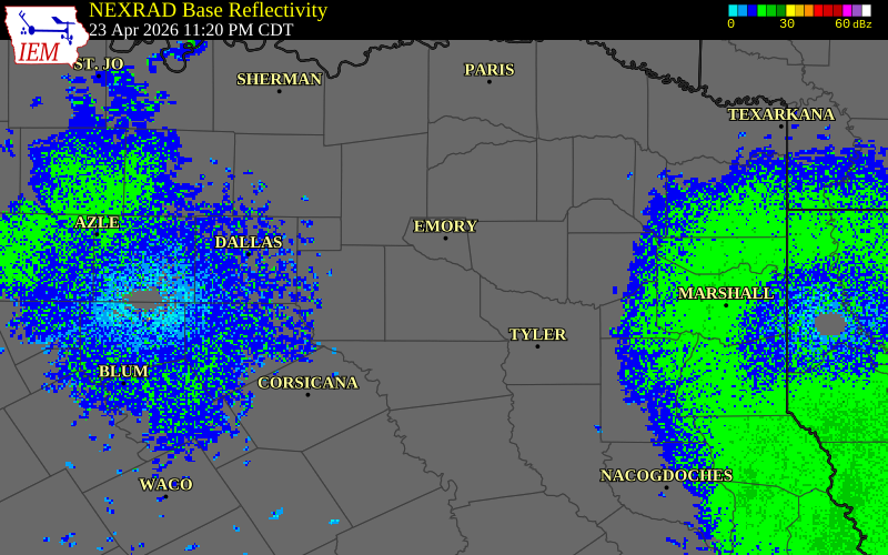 NEXRAD radar during the Thursday, April 23, 2026 storm activity in Van Zandt County, Texas