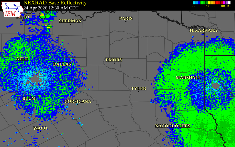 NEXRAD radar during the Friday, April 24, 2026 storm activity in Van Zandt County, Texas