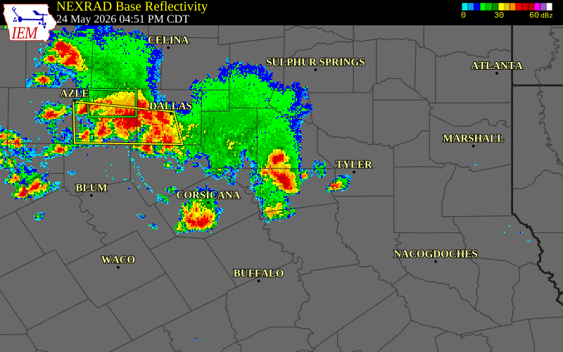 NEXRAD radar during the Sunday, May 24, 2026 storm activity in Van Zandt County, Texas
