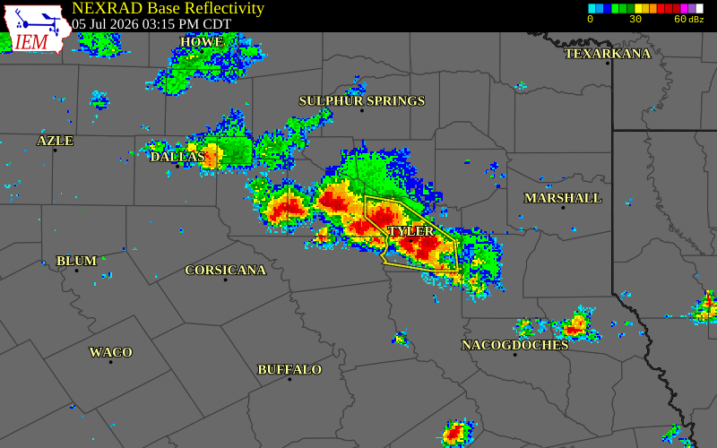 NEXRAD radar during the Sunday, July 5, 2026 storm activity in Van Zandt County, Texas