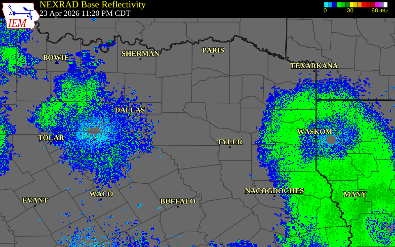 Radar snapshot during the Apr 23, 2026 hail event near 1 E Fruitvale, Van Zandt County, Texas, with NWS warning polygons