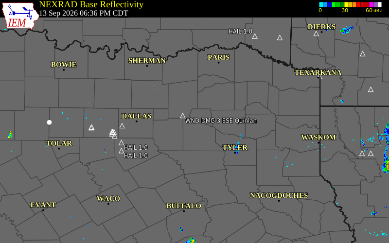 Current NEXRAD radar over Van Zandt County, Texas with recent storm report locations