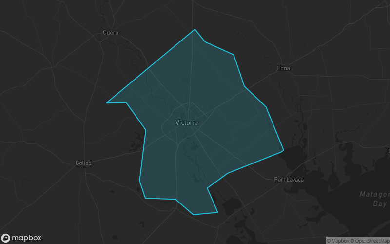 Map of Victoria County, Texas showing the county boundary and surrounding cities
