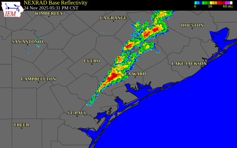 NEXRAD radar during the Monday, November 24, 2025 storm activity in Victoria County, Texas