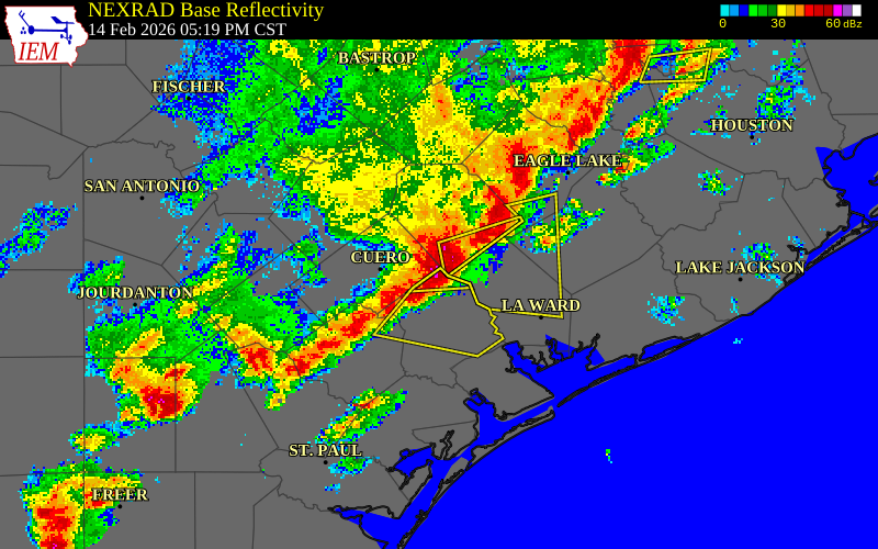NEXRAD radar during the Saturday, February 14, 2026 storm activity in Victoria County, Texas