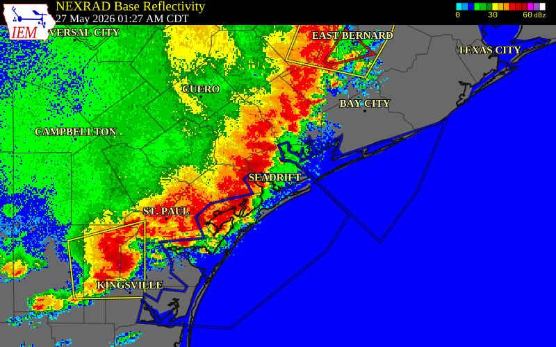 NEXRAD radar during the Wednesday, May 27, 2026 storm activity in Victoria County, Texas