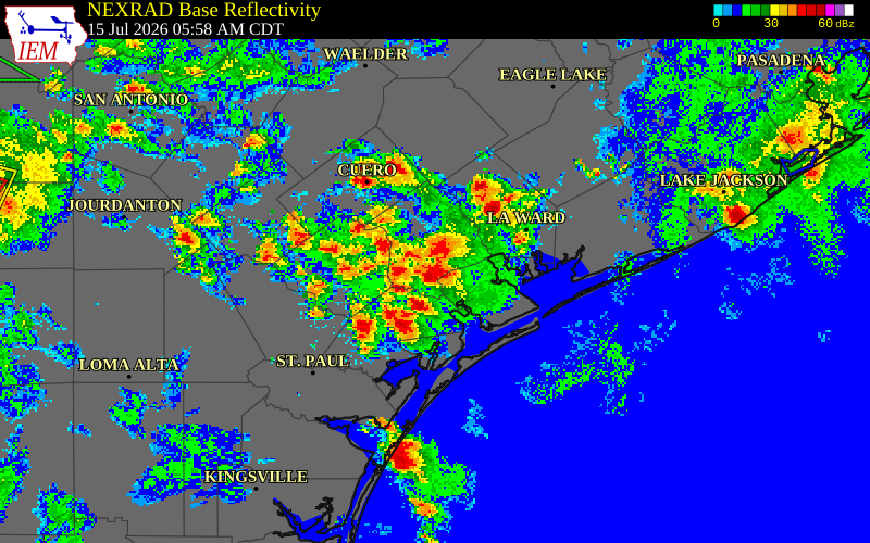 NEXRAD radar during the Wednesday, July 15, 2026 storm activity in Victoria County, Texas