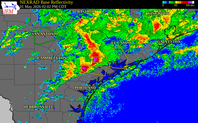 Radar snapshot during the May 1, 2026 tornado event near 3 WNW Dacosta, Victoria County, Texas, with NWS warning polygons