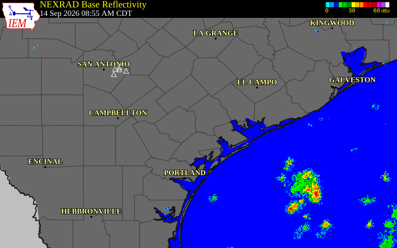 Current NEXRAD radar over Victoria County, Texas with recent storm report locations