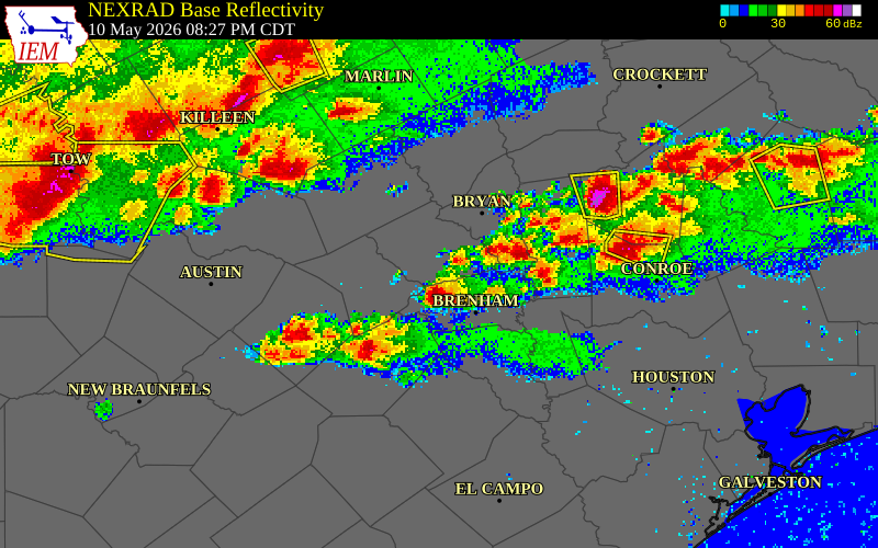 NEXRAD radar during the Sunday, May 10, 2026 storm activity in Walker County, Texas