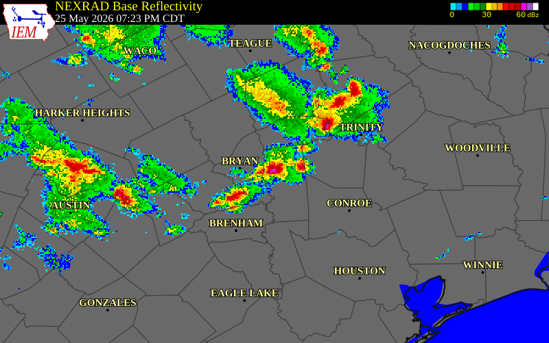 NEXRAD radar during the Monday, May 25, 2026 storm activity in Walker County, Texas