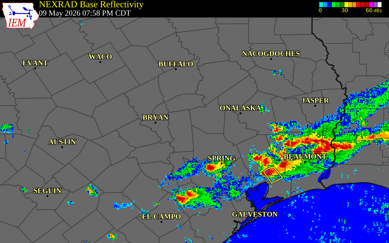 Radar snapshot during the May 9, 2026 hail event near 11 N Richards, Walker County, Texas, with NWS warning polygons