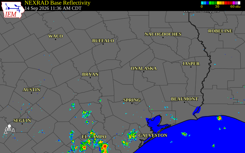 Current NEXRAD radar over Walker County, Texas with recent storm report locations