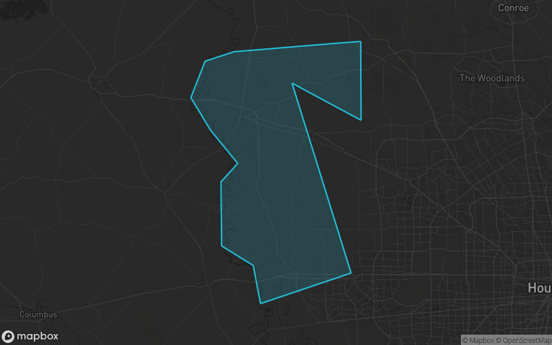 Map of Waller County, Texas showing the county boundary and surrounding cities