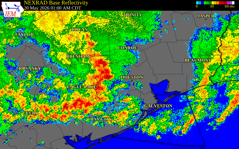 NEXRAD radar during the Wednesday, May 20, 2026 storm activity in Waller County, Texas