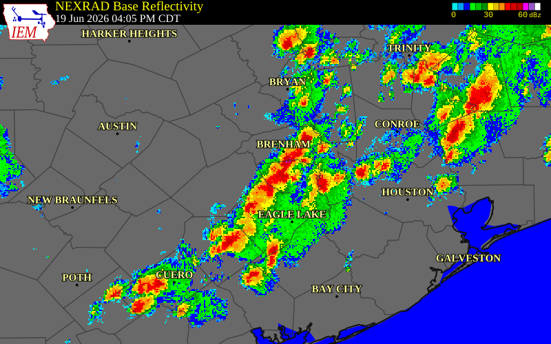 NEXRAD radar during the Friday, June 19, 2026 storm activity in Waller County, Texas