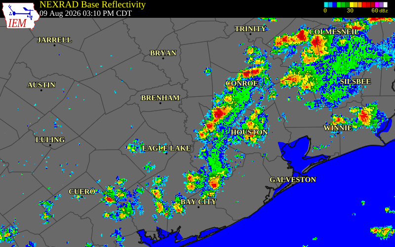 NEXRAD radar during the Sunday, August 9, 2026 storm activity in Waller County, Texas