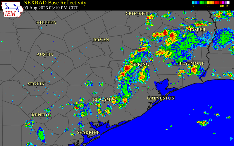 Radar snapshot during the Aug 9, 2026 wind event near Waller County, Waller County, Texas, with NWS warning polygons