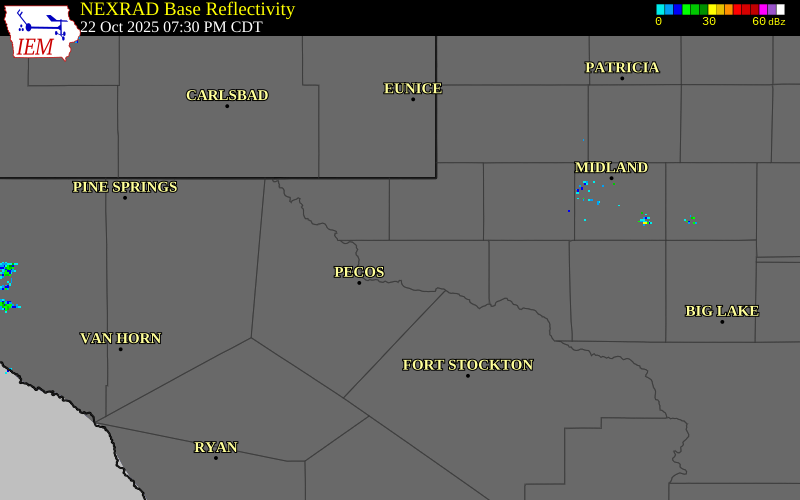 NEXRAD radar during the Wednesday, October 22, 2025 storm activity in Ward County, Texas