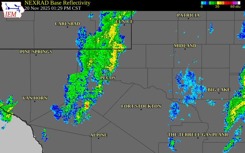 NEXRAD radar during the Thursday, November 20, 2025 storm activity in Ward County, Texas