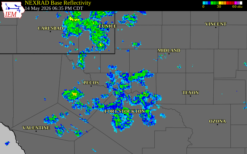 NEXRAD radar during the Thursday, May 14, 2026 storm activity in Ward County, Texas