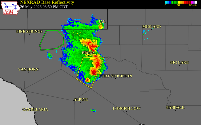 NEXRAD radar during the Tuesday, May 26, 2026 storm activity in Ward County, Texas