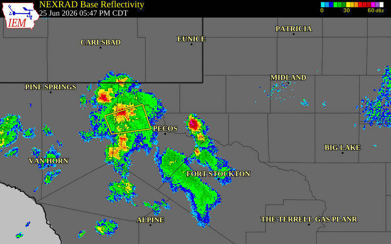 NEXRAD radar during the Thursday, June 25, 2026 storm activity in Ward County, Texas