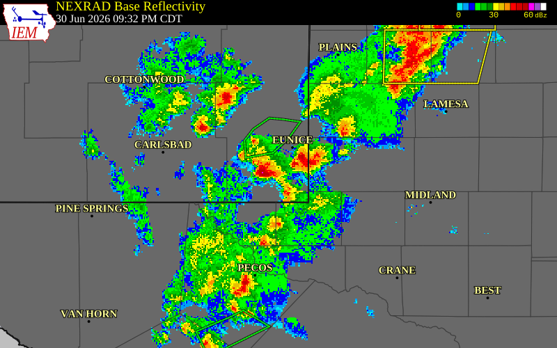 NEXRAD radar during the Tuesday, June 30, 2026 storm activity in Ward County, Texas